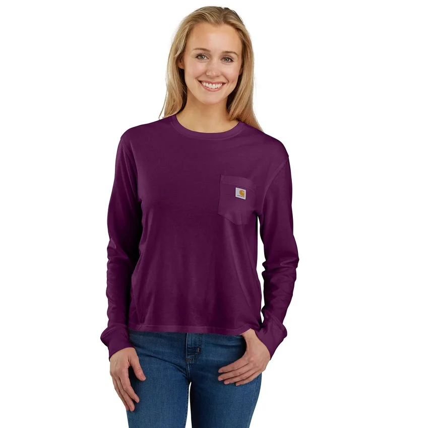 Γυναικείο T-shirt Tencel με φαρδιά εφαρμογή, μακριά μανίκια, στρογγυλή λαιμόκοψη και τσέπη