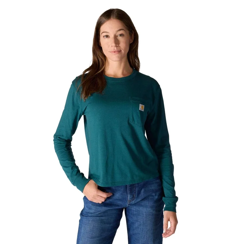 Γυναικείο T-shirt Tencel με φαρδιά εφαρμογή, μακριά μανίκια, στρογγυλή λαιμόκοψη και τσέπη