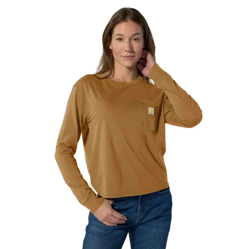 Γυναικείο T-shirt Tencel με φαρδιά εφαρμογή, μακριά μανίκια, στρογγυλή λαιμόκοψη και τσέπη