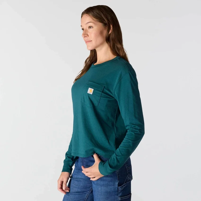 Γυναικείο T-shirt Tencel με φαρδιά εφαρμογή, μακριά μανίκια, στρογγυλή λαιμόκοψη και τσέπη